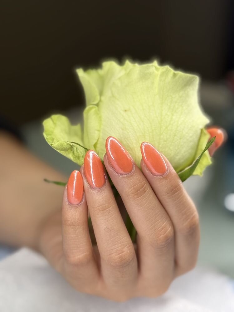 Coral almond nails holding a pale green rose
